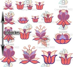 an image of flowers with different shapes and sizes on them, all in red and purple