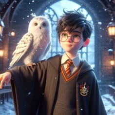 a harry potter with an owl on his shoulder in front of him and snow falling all around