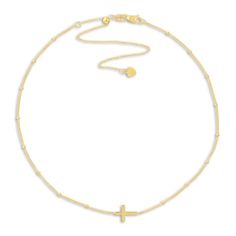 A bold statement of faith, a dynamic sideways cross shimmers powerfully in the center of this timeless women's choker necklace. Fashioned in 14K yellow gold, the adjustable 15-inch cable chain secures in place with a lobster clasp. Cross Choker Necklace, Women Choker Necklace, Cross Choker, Jared The Galleria Of Jewelry, Womens Chokers, Cable Chain, Things To Buy, Lobster Clasp, Choker