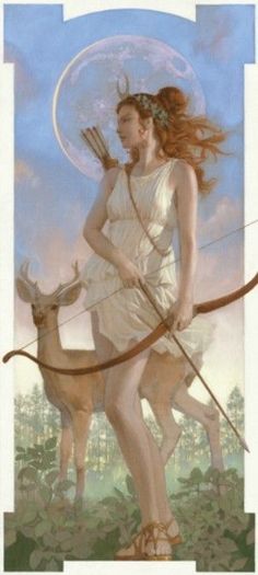 a painting of a woman holding a bow and arrow with an animal on the other side