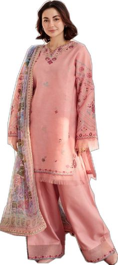 Elegant Pink Sets With Digital Print, Printed Long Sleeve Unstitched Suit For Wedding, Elegant Silk Lawn Suit With Digital Print, Traditional Pink Lawn Suit With Floral Print, Traditional Pink Floral Print Lawn Suit, Silk Unstitched Suit With Digital Print Long Sleeve, Elegant Silk Unstitched Suit With Digital Print, Elegant Summer Unstitched Suit With Printed Motifs, Elegant Pink Floral Print Salwar Kameez