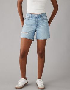 AE Strigid Super High-Waisted Ripped Relaxed 6" Short High Rise Denim Shorts For Fall, Everyday Denim Blue Shorts, Fall High Rise Denim Shorts, Medium Wash Jeans For Elevated Casual Summer, Summer Medium Wash Jeans For Elevated Casual, Summer Medium Wash Jeans For Casual Wear, High Waist Shorts For Everyday, High Waist Shorts For Everyday Wear, High-waisted Shorts For Everyday Wear