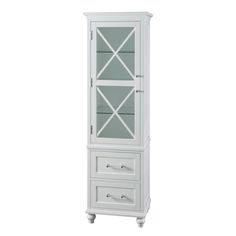 a tall white cabinet with drawers and glass doors