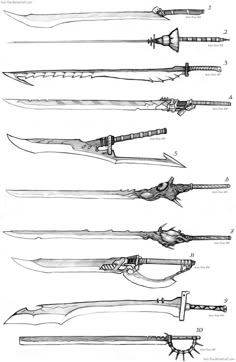 several different types of swords are shown in this drawing