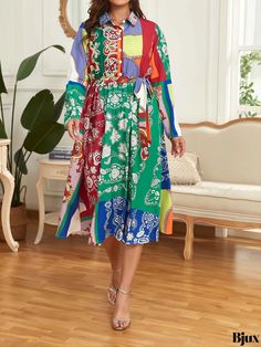 Bjux - Womens Plus Size Retro Lapel Collar Long Dress - Colorblock All Over Print Maxi Dress with Long Sleeves Colorful Long Sleeve Patchwork Dress, Colorful Patchwork Long Sleeve Dress, Multicolor Color Block Midi Dress For The Beach, Long Sleeve Multicolor Color Block Dresses, Multicolor Long Sleeve Color Block Dress, Multicolor Patchwork Knee-length Midi Dress, Multicolor Color Block Midi Dress For Spring, Multicolor Patchwork Midi Dress, Spring Multicolor Color Block Midi Dress