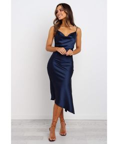 in stock Navy Blue Silk Dress, Navy Blue Satin Dress, Navy Satin Dress, Navy Dress Outfits, Silk Dresses Outfit, Navy Silk Dresses, Gaun Koktail, Blue Satin Dress, Blue Silk Dress