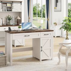 White Computer Desk With Drawers, Cozy Workspace, Farmhouse Desk, Sliding Drawers, Computer Desks For Home, Desk Computer, Computer Workstation, Executive Desk, Small Drawers