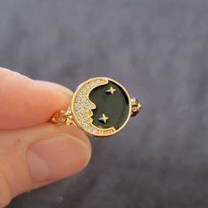 Brand New Adjustable Ring With A Black Enamel Face, Moon And Stars. Size 6, Will Adjust To An 7 1/2. High-Quality 18k Rose Gold Plating, Waterproof, Rustproof. Will Last Forever. 16 Celestial Ring, Ring Color, Vintage Cocktail, Moon And Stars, 925 Silver Rings, Adjustable Ring, Black Enamel, Womens Jewelry Rings, Shop Wallpaper