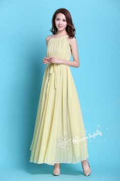 Chiffon Yellow Long Party Dress Evening Wedding Lightweight Sundress Maternity Dress Summer Holiday Beach Dress Bridesmaid Dress Maxi Skirt Detail Info: ❤ Color: Yellow More color choice link: https://www.etsy.com/listing/213656440/chiffon-dress-color-card?ref=shop_home_feat_1 Please just note the color you want with order, we will make according to your note. ❤ Material: Chiffon ❤ The dress doesn't limit the chest size and waitst size, arm hole 45cm (if your upper arm circle circumference is mo Flowy Chiffon Summer Prom Dress, Flowy Chiffon Dress For Summer Prom, Summer Chiffon Flowy Dress For Prom, Flowy Summer Chiffon Dress For Prom, Summer Chiffon Dress For Prom, Summer Wedding Chiffon Dress, Flowy Sleeveless Chiffon Dress For Banquet, Summer Bridesmaid Fitted Chiffon Dress, Flowy Chiffon Maxi Dress For Beach Wedding