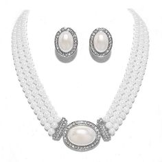 PRICES MAY VARY. Women Elegant Three Layered White Simulated-Pearl Beads with Silver Chain Clear Rhinestone Necklace clip on Earrings Costume jewelry Necklace Length: 16" + 2 1/2" Long chain extension long chain lobster clasp closure Post Clip ON Earrings Size : 1 " Stud, Drop size: 1" Perfect every day as well as any special occasion Classic Elegant necklace set, Elegant costume Jewelry Gorgeous three Strands of Glass White Simulated-Pearl With Clear Rhinestone Crystal Pavé round medallion Silv Pearl Jewellry, Long Crystal Earrings, Pearl Necklace Set, Pearl Necklace Earrings, White Pearl Necklace, Pearl Cream, Fashion Jewelry Sets, Pearl Crystal, White Necklace