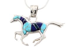 Reversible Running Horse Pendant-Jewelry-Ben Nighthorse-Sorrel Sky Gallery Collectible Blue Sterling Silver Jewelry, Turquoise Inlay Necklace For A Gift, Blue Turquoise Necklace With Large Pendant, Collectible Blue Turquoise Necklace With Large Pendant, Blue Medallion Jewelry With Polished Finish, Blue Necklace With Round Inlay, Artisan Blue Turquoise Necklace With Inlay, Blue Turquoise Inlay Necklace For Gift, Artisan Blue Jewelry With Inlay