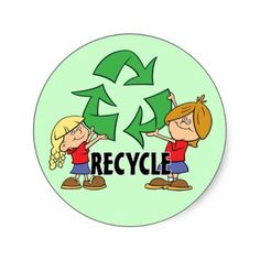 two children are holding up the word recycle in front of a green recycling symbol