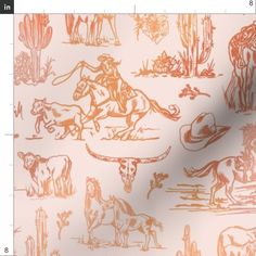 an orange and white cowboy themed wallpaper with images of horses, cowboys, and other wild animals