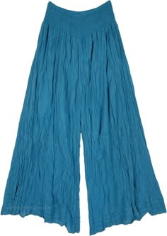 As bright as day with a clear blue sky, these cool teal shaded pants are easy and breezy for the summertime.  These pants are extremely comfortable and are made of lightweight cotton fabric. #tlb #SplitSkirtsPants #Crinkle #vacationclothing #beachwrap #bohemianfashion #WideLegPants #BluePants #HippiePants Casual Blue Harem Pants For Summer, Cotton Ankle-length Wide Leg Pants For Beach, Cotton Wide Leg Ankle-length Pants For Beach, Beach Cotton Harem Pants In Solid Color, Beach Harem Pants In Solid Cotton, Beach Cotton Harem Pants, Breezy Blue Bottoms For Spring, Breezy Wide Leg Cotton Bottoms, Blue Cotton Harem Pants For Spring