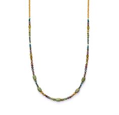 a long beaded necklace with multicolored beads and gold clasps on a white background