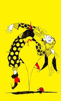 a drawing of two clowns dancing together on a yellow background