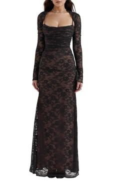 Dreamy floral lace cascades stunningly down your figure in a sweeping maxi dress shaped with delicate ruching at the waist and framed by fitted long sleeves. Exclusive retailer   Hidden side-zip closure   Square neck   Long sleeves   Lined   62% recycled polyamide, 38% polyamide; 80% polyamide, 20% elastane; 100% polyester; 100% polyamide   Dry clean   Imported Luxury Lined Bodice Maxi Dress For Cocktail, Cheap Dresses Long, Maxi Dress Royal, Sleeved Prom Dresses Long, Prom Dresses Maxi Long Sleeve, Mermaid Long Dress Long Sleeve, Long Dresses Long Sleeve Formal, Prom Dresses Fitted Long Classy, Formal Dresses Long Vintage