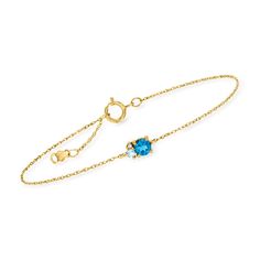 Ross-Simons - .30ct London Blue Topaz Bracelet, Swiss Blue Topaz, Diamond Accents. 6.5". RS Pure. Modern designs that complete your outfit and complement your personality. Stationed on a simple rope chain with a 1/2" extender, a .30 carat London blue topaz with a Swiss blue topaz and diamond accents shimmer in polished 14kt yellow gold. This dainty bracelet gives you the subtle dose of color your stack needs. Springring clasp, London blue topaz bracelet. Blue Topaz birthstones are the perfect gi Blue Birthstone Bracelets Fine Jewelry, Formal Blue Topaz Bracelets, Blue Birthstone Bracelets In Fine Jewelry Style, Formal Blue Topaz Blue Bracelets, Pearl Bracelet Gold, Topaz Bracelet, Topaz Birthstone, Blue Topaz Bracelet, Fine Jewelery