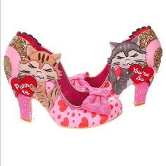 Irregular Choice Smitten Kitten Pink Pumps. Just Received It But To Big For Me,Sold Out And Hard To Find. Brand: Irregular Choice Materials: Fabric, Pu Colour: Multi Pink ,Heel Height (9.3cm): Size Eu39 Size Us 8 Disney High Heels, Cat Heels, Disney Heels, Colorful Boots, Smitten Kitten, Heels Unique, Unique Heels, Irregular Choice Shoes, Cat Shoes