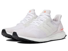 adidas Running Ultraboost 5.0 - Women's Shoes : Almost Pink/White/Turbo : Give your best performance when you train with adidas Running Ultraboost 5.0. Textile and synthetic upper. Textile lining and insole. Removable insole. Sock-like fit. Fitcounter heel counter. Lace closure. Pull tab. Brand tag at the tongue. Synthetic sole. Imported. Measurements: Weight: 10 oz Product measurements were taken using size 8.5, width B - Medium. Please note that measurements may vary by size. Weight of footwea Adidas Shoes Ultra Boost, Cute Athletic Shoes, Rush Shoes, Adidas Ultra Boost Women, Cute Tennis Shoes, Preppy Sneakers, Ultra Boosts, Cute Running Shoes, Adidas Running Shoes Women