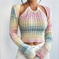 Gradient Cable Knit Sweater, Casual Cut Out Long Sleeve Sweater, Women's Clothing Crop Pullover, Ombre Gradient, Rainbow Crochet, Cargo Skirt, Zip Up Hoodies, Comfy Hoodies, Cable Knit Sweater, Knit Hat, Baby Knitting Patterns