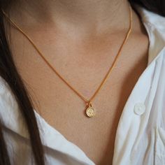 "Everyday fashion necklace, delicate super tiny coin pendant on dainty gold plated chain. Simple, minimalist and great on any outfit. Pendant size: 7.7mm Length: Choose from - 14\" to 18\" with optional extension of 1\"-2\" Please see VARIATIONS Model is wearing 17\" length. ♥ Back to my shop: https://etsy.me/2RQXbkO ♥ Ready to Ship ♥ FREE SHIPPING Estimated shipping time: 8- 20 business days ♥ How will I get it?  Your item will arrive in a beautiful, labeled box packaging. If you are purchasing Delicate Yellow Gold Coin Pendant Necklace, Dainty Everyday Necklace With Coin Pendant, Minimalist Everyday Charm Necklace With Coin Pendant, Delicate Charm Necklace With Coin Pendant, Gold Plated Coin Necklace For Everyday, Dainty Coin Pendant Necklace For Everyday, Everyday Minimalist Charm Necklace With Coin Pendant, Delicate Everyday Charm Necklace With Coin Pendant, Gold Coin Necklace With Moon Charm