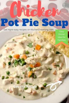 the chicken pot pie soup is ready to be eaten on the plate and served with potato chips