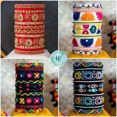 four different types of bracelets are shown in three pictures, one is multicolored and the other has an embellishment on it