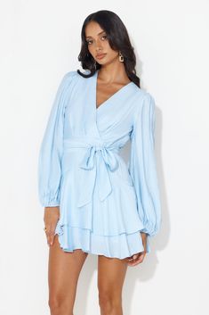 Length from bust to hem of size S: 64cm. Chest 40cm, Waist 33cm, size S. Mini dress. Semi-lined.Model is a standard XS and is wearing size XS. True to size. Non-stretch.V neck.Puff long sleeves, elastic.Tie-up belt.Tiered skirt.Zipper.Cold hand wash only. Rayon/Nylon/Polyester/Spandex. It's giving everything you've been searching for. The Found The One Long Sleeve Mini Dress features puff long sleeves with elastic and a tie-up belt design. Style with heels and curls for a trendy 'fit. Blue Chiffon Long Sleeve Mini Dress, Cute Light Blue Puff Sleeve Mini Dress, Light Blue Long Sleeve Ruffled Mini Dress, Blue Mini Dress With Puff Gathered Sleeves, Light Blue Cotton Puff Sleeve Mini Dress, Mini Dress Blue, Skirt Zipper, Trendy Fits, Marine Uniform