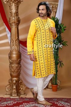 Pineaaple Yellow Kantha Work Cotton Kurta for Men | Punjabi for Men | Kantha Stitch Mens Kurta | Ethnic Embroidered Kurta Panjabi #KanthaStitchKurta#CottonKurta#MensEthnicWear#HandcraftedKurta#KanthaEmbroidery#TraditionalMensWear#ArtisanCrafted#CottonKurtaPajama#IndianMensFashion#EthnicMensClothing#HandwovenKurta Traditional Wear For Festivals With Long Sleeve, Ceremonial Yellow Kurta With Resham Embroidery, Cotton Sherwani With Chikankari Embroidery In Traditional Fit, Traditional Cutdana Kurta For Navratri, Traditional Fit Long Sleeve Kurta For Ceremonies, Traditional Straight Kurta With Zari Work, Festive Chikankari Embroidered Kurta In Traditional Fit, Ceremonial Chikankari Embroidery Kurta For Navratri, Ceremonial Cotton Sherwani With Cutdana