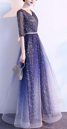 Blue Glitter Formal Gown With Fitted Sleeves (Stunning) Blue Maxi Dress For Party During Prom Season, Blue Gown For Prom Season Party, Blue Party Gown For Prom Season, Blue Evening Dress For Prom Season, Blue Prom Gown For Party, Blue Evening Dress For Banquet, Blue Tulle Dress For Party, Blue Evening Gown For Banquet, Glitter Gown For Party Season