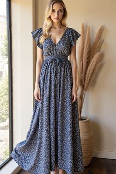 Elegant Navy Blue Floral Print Maxi Dress with Ruffled Sleeves and Tie Waist Floral Print Maxi Dress, Floral Print Maxi, Flowing Skirt, Blue Floral Print, Ruffled Sleeves, Printed Maxi, Printed Maxi Dress, Elegant Dresses, Shades Of Blue