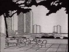 a black and white drawing of an outdoor dining area