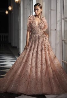 Dolly J Gowns, Dolly J, Engagement Gown, Embroidered Crop Tops, Pink Bridal, Tulle Gown, Embroidered Neckline, Pink Tulle, Gowns Online