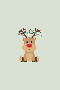 a reindeer with christmas lights on its antlers is sitting in front of a gray background