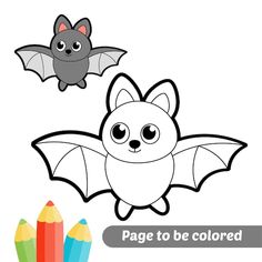 a coloring page with a bat and crayons to be colored, the coloring book for preschool