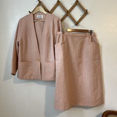 Vintage Bend Over By Levi's peach pink stripe 2 pc skirt jacket set L/XL  * jacket length 27 inches, pit to pit 20 inches  * skirt length 29 inches, waist up to 32 inches, hips up to 42 inches 0615 Vintage Pink Outerwear With Pockets, Hip Ups, Womens Blazers, Peach Pink, Pink Stripes, Skirt Length, Vintage 70s, Blazer Suit, Suits For Women