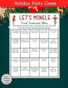 a christmas party game with the words, let's mingle find someone who