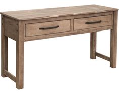 a wooden table with two drawers on one side and an open drawer on the other