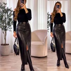 New! The Exact One You’re Purchasing Is Listed In The Last Pic. Shirts To Wear With Leather Skirt, Edgy Classic Style Inspiration, Edgy Classic Style, Black Leather Midi Skirt, Hm Coat, Long Leather Skirt, Edgy Classic, Chic Fall Fashion, Betty Veronica