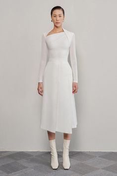 Elegant Skirt And Top, Modest Elegant Outfits, Luxury Modern White Skirt, Elegant White Long Sleeve Knit Top, Luxury Long Sleeve Off White Midi Dress, Chic Off-white Long Skirt, Luxury Off White Long Sleeve Midi Dress, Unique Skirts, Cotton Midi Skirt