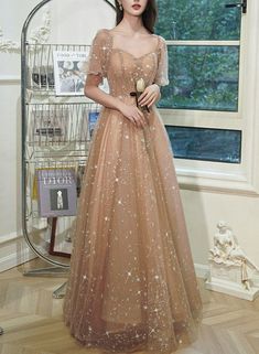 Champagne Tulle Long Evening Gown Party Dress, Short Sleeves Long Formal Dresses Bridesmaid Dresses Design, Wedding Dresses Women, Ball Gowns Fantasy, Wedding Guest Outfit Inspiration, Wedding Guest Ideas, Dinner Gowns, Guest Ideas, Women Suits Wedding, Armor Dress