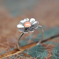 Delicate Blooming Poppy Gemstone Ring. Sterling silver floral gemstone stacking ring. Springtime jew Delicate Sterling Silver Flower Ring For Gift, Delicate Sterling Silver Flower Ring As Gift, Sterling Silver Delicate Flower Ring Gift, Dainty Gemstone Flower Ring, Delicate Stackable Flower Ring, Flower Shaped Sterling Silver Ring With Gemstone, Dainty Stackable Flower Ring As Gift, Sterling Silver Flower Shaped Gemstone Ring, Sterling Silver Flower Ring Gift