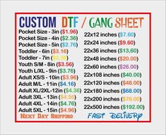 a poster with the words custom dtf / gang sheet written in different colors and sizes