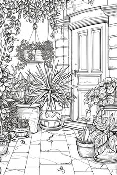 a black and white drawing of potted plants in front of a door with an open window