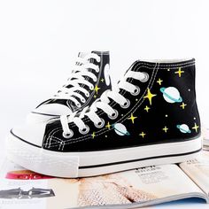 Fabric Material:CanvasColor:BlackShoes Are Hand Painted And Pre-order.Each Pair Are Unique.Ship In 4-10 Days Converse Ideas, Space Shoes, Galaxy Canvas, Painted Nikes, Hand Painted Shoes, Black Converse, Embroidered Shoes, Womens Shoes High Heels, Shoe Art