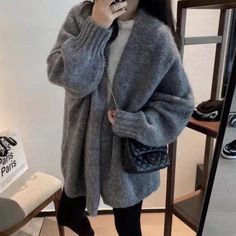 Buddhatrends Grey / S / China Japan Style Lazy Knitted Cardigan Oversized Sweater Coat, Loose Knitwear, Soft Knit Cardigan, Cozy Texture, 일본 패션, Oversized Sweater Women, Winter Streetwear, Fitted Coat, Knitting Women Cardigan