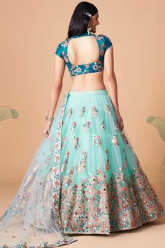 Excellent Net Fabric Light Cyan Color Lehenga Choli In Sangeet Wear Sky Blue Lehenga, Dori Embroidery, Mirror Work Lehenga, Mirror Work Blouse, Cyan Colour, Black Lehenga, Party Wear Lehenga Choli, Net Blouses, Party Wear Gown