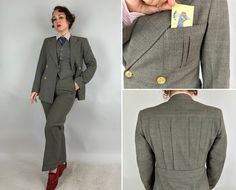 Dress to impress in your level-best in this amazing three-piece 1930s belted-back suit! All three pieces made of steel grey wool and buttoning with matching sage green marbled buttons. Incredible statement piece jacket features a 2x4 double-breasted button stance with trios of matching cuff buttons, sharp peak lapels, three patch pockets all with pairs of vertical knife-pleats. Unvented back with six shark-gill pleats from the yoke to the belt, showing off the unmatched 1930s tailoring. Interior Fitted Vintage Workwear Blazer, Vintage Fitted Blazer For Work, Tailored Retro Suits For Workwear, Fitted Three-piece Suit With Buttons For Workwear, Fitted Suits With Belt Loops For Office, Fitted Blazer With Notch Lapel And Belt Loops, Vintage Suits With Welt Pockets, Vintage Semi-formal Suits With Button Closure, Retro Notch Lapel Suits For Workwear