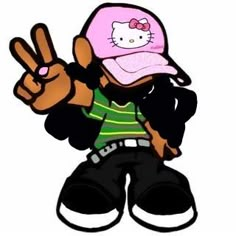 a cartoon character with a hello kitty hat on giving the peace sign while wearing a baseball cap